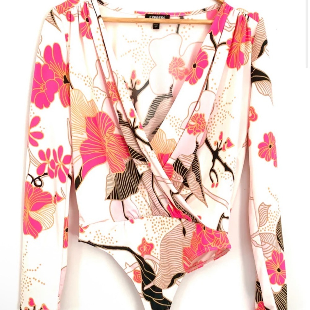 Express Vibrant Pink and Black Floral Bodysuit - Picture 4 of 4